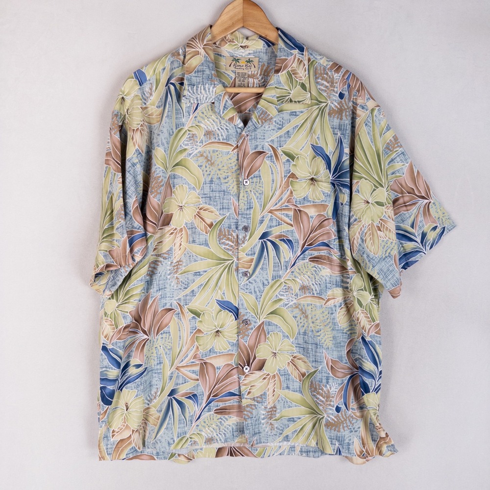 Kona Kai Mens Floral Palm Tropical Shirt Large Blue Cotton Viscose Camp Aloha